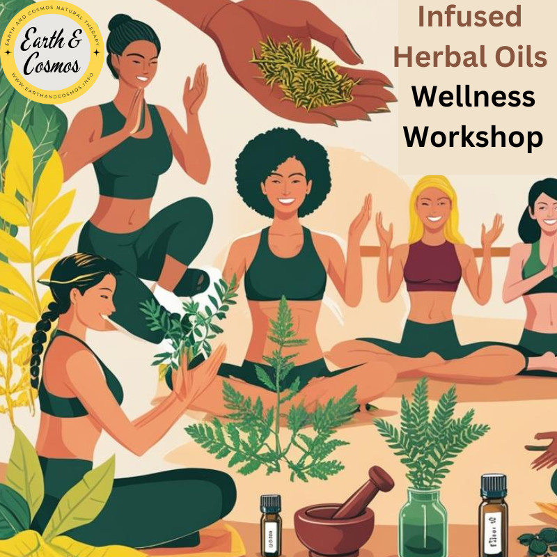 Earth and Cosmos Wellness Workshop Infused Herbal Oils Calling all Yoga practitioners and Fitness enthusiast, learn how use Herbal Oils for Muscles Toning, Relaxation, and Pain Relief