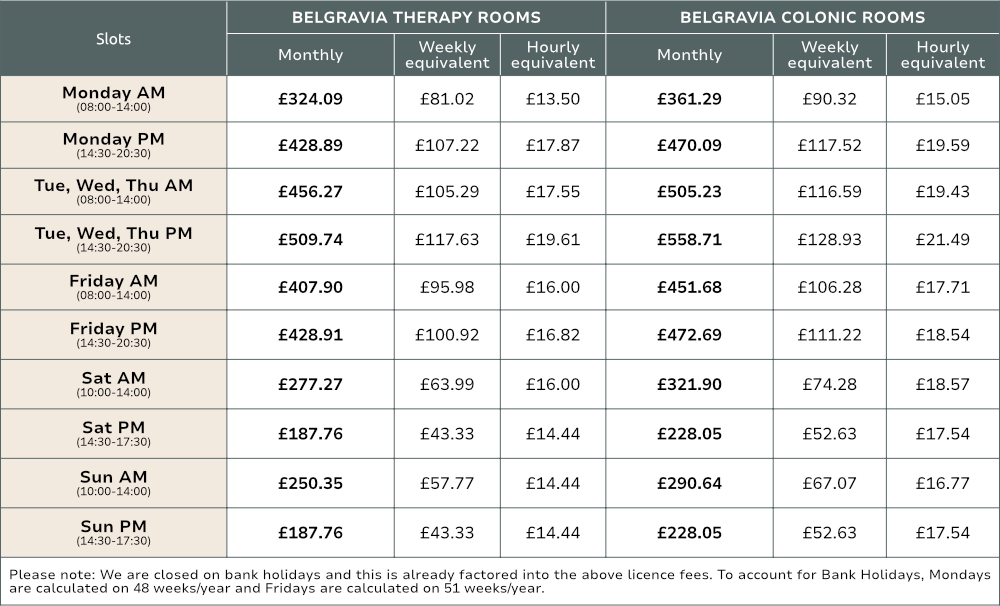 BELGRAVIA Therapy Room pricing - 1st April 2026