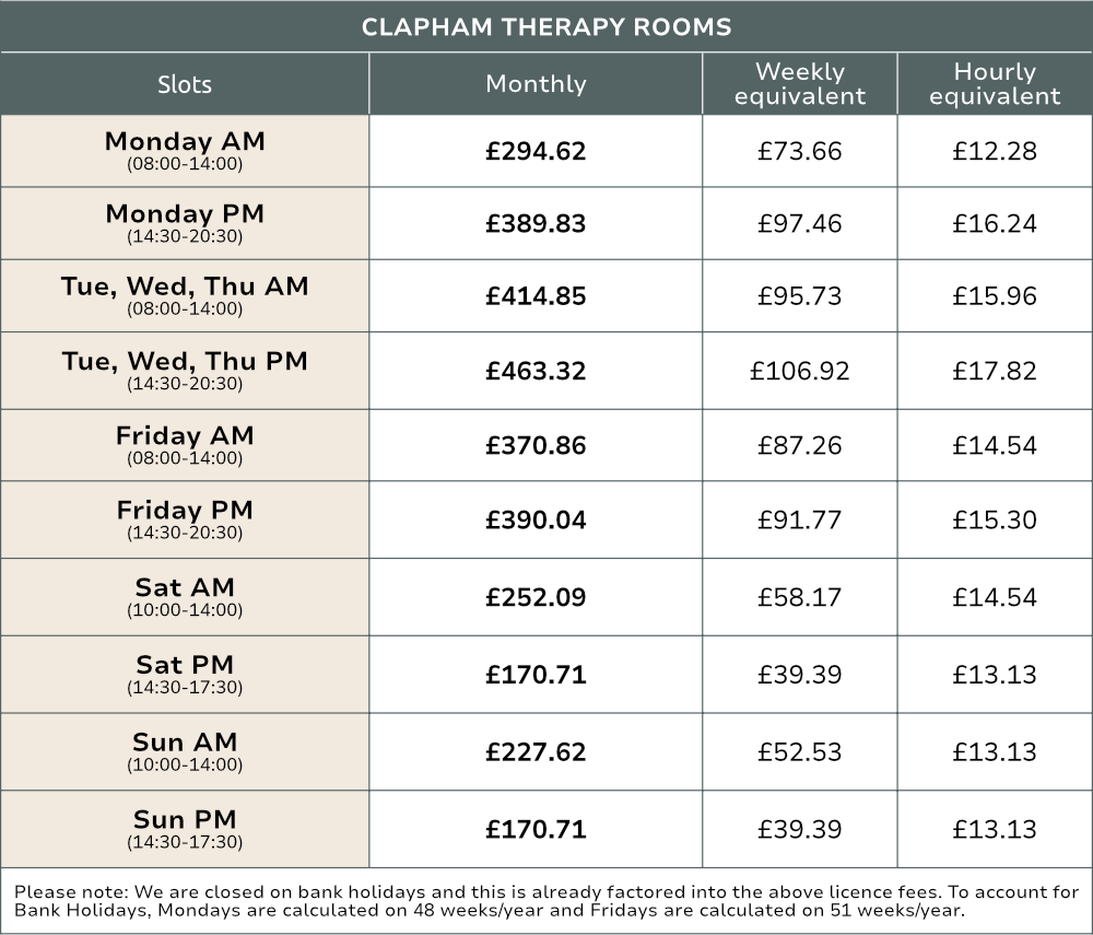 CLAPHAM Therapy Room pricing - 1st April 2026
