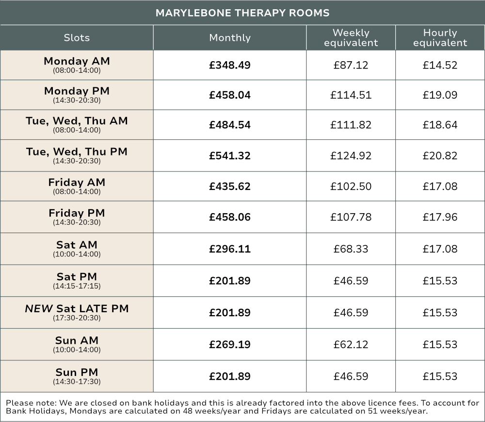 MARYLEBONE Therapy Room pricing - 1st April 2026