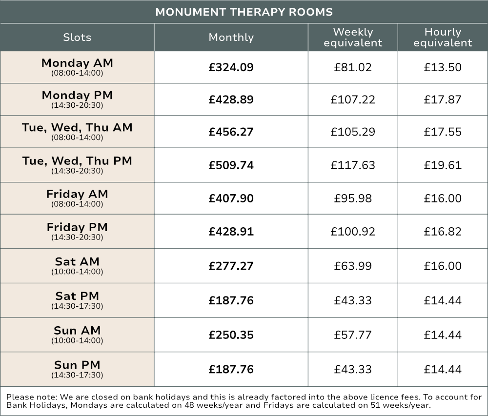 MONUMENT Therapy Room pricing - 1st April 2026
