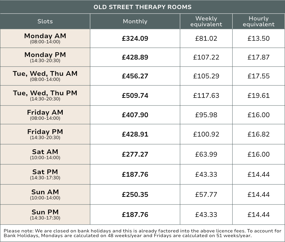 OLD STREET Therapy Room pricing - 1st April 2026