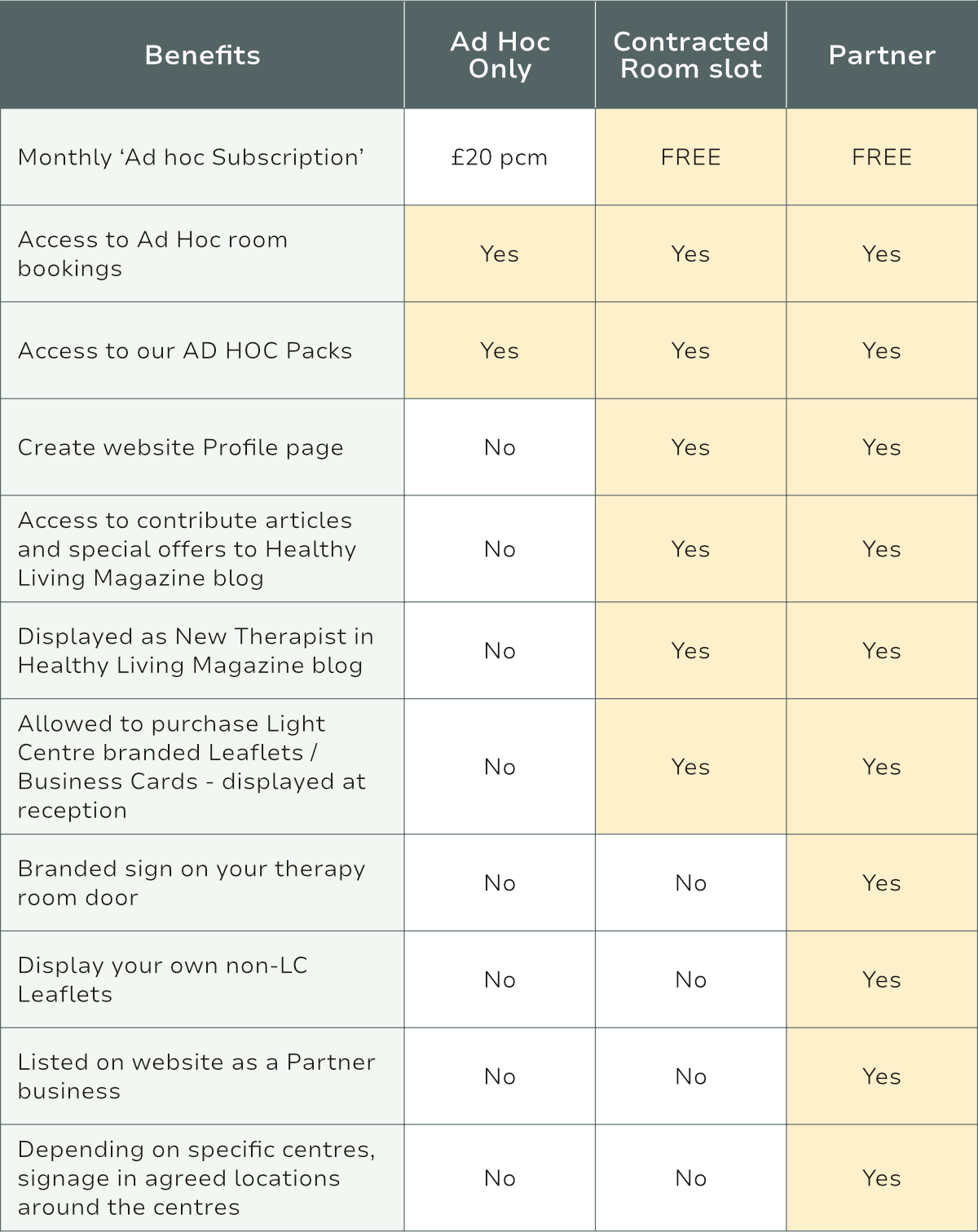 Therapy Hire benefits table
