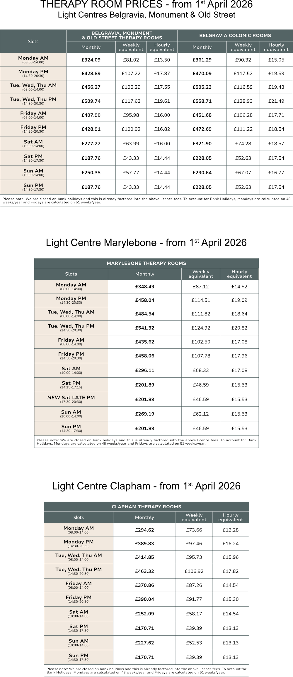 Therapy Room pricing - 1st April 2026